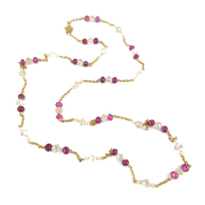 Diamond and ruby bead and pearl gold chain necklace, | MasterArt